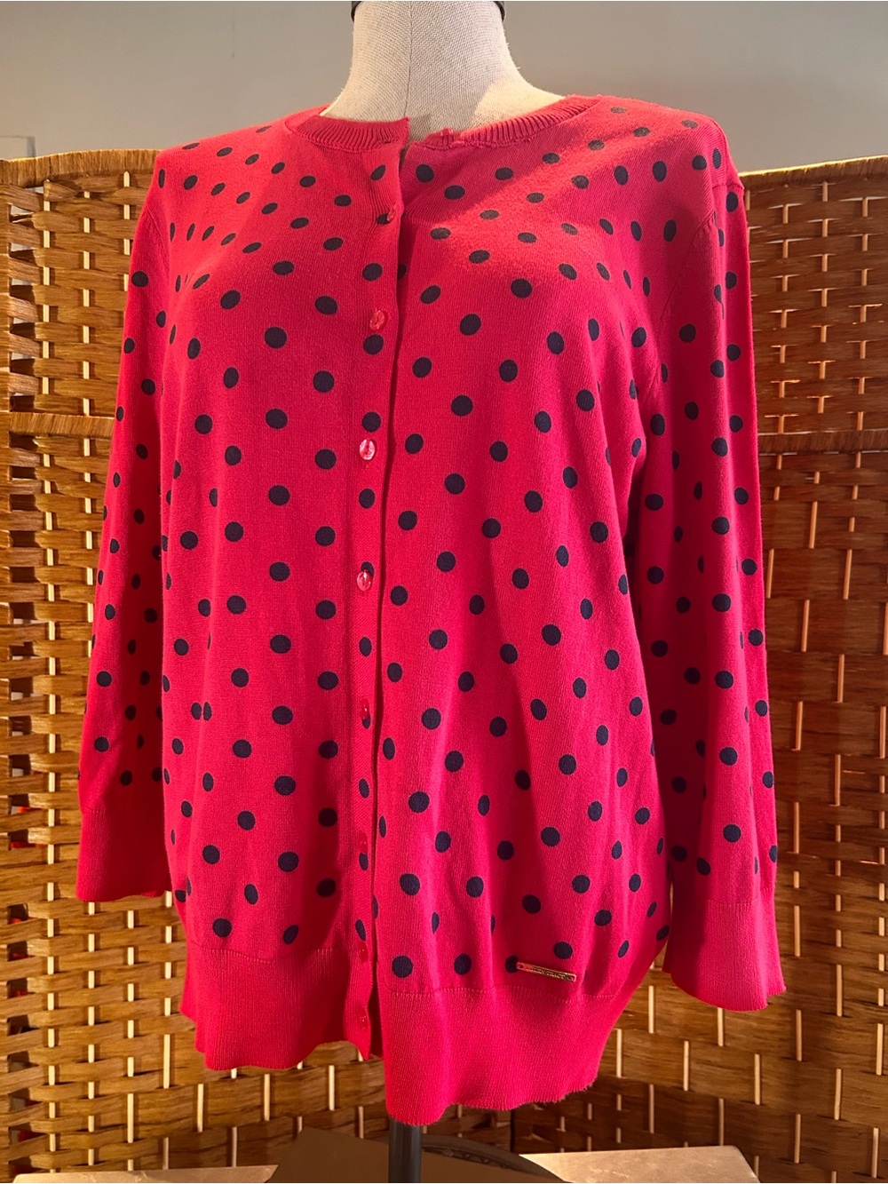 Ellen Tracy Pink Navy Polka Dot Cardigan Lightweight Viscose Knit Sweater L